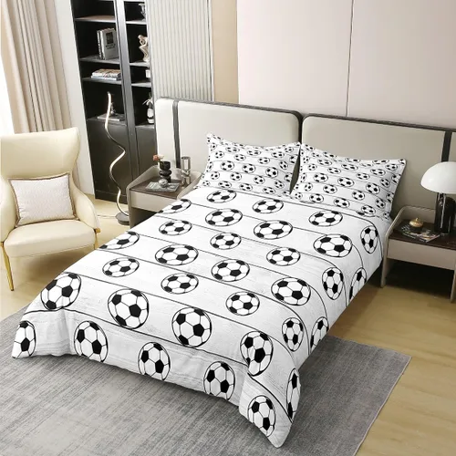 Vista 2 de Juego de ropa de cama de fútbol 100% algodón natural, tamaño individual, funda de edredón con patrón de bola blanca trasera, 2 piezas