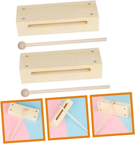 Vista 3 de 2 juegos de instrumentos de percusión de madera, bloque de madera de doble tono con mazos para educación musical, instrumento rítmico para aula