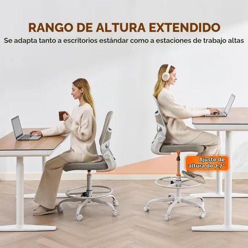 Vista 3 de Silla de dibujo sin brazos, silla de oficina alta con anillo ajustable para el pie y soporte lumbar, silla de escritorio alta de malla ergonómica
