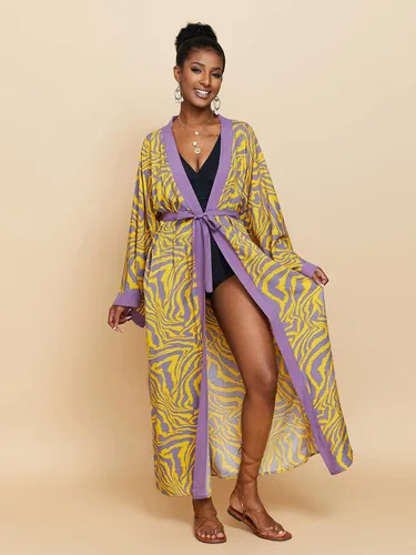 Vista 8 de RanRui Kimono de playa con estampado de cebra amarilla, holgado, frente abierto, bata de algodón, bata de traje de baño para mujer, bata de plumero