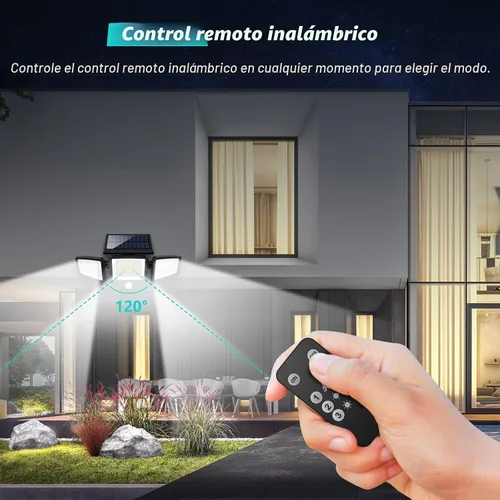 Vista 2 de Tuffenough - Luces solares para exteriores, 2500 lm, 210 luces LED de seguridad con control remoto, 3 cabezales de luces con sensor de movimiento