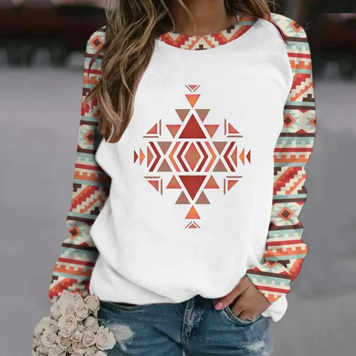 Vista 2 de Womens Fall Shirts Pullover Tops Casual Round Neck Aztec Printed Raglan Long Sleeve Sweatshirt Loose Graphic Tees