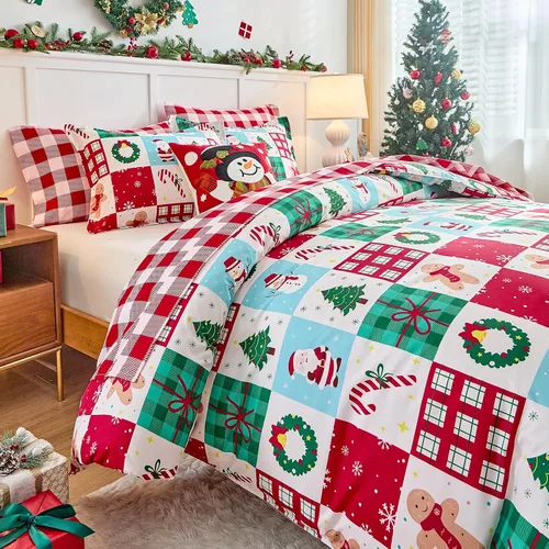 Vista 6 de Joyreap Juego de funda de edredón de 3 piezas, diseño navideño a cuadros rojos y verdes, microfibra suave y transpirable para todas las estaciones