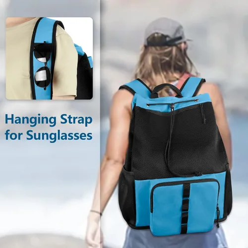 Vista 5 de Fasrom Mochila de playa de malla con cremallera inferior, mochila deportiva para gimnasio, natación, playa, piscina y viajes (diseño patente), Azul