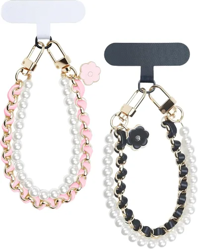 Vista 10 de Correa de muñeca para teléfono con cuentas de perlas, pulsera de teléfono desmontable con lengüeta de sujeción, pulsera universal con cuentas