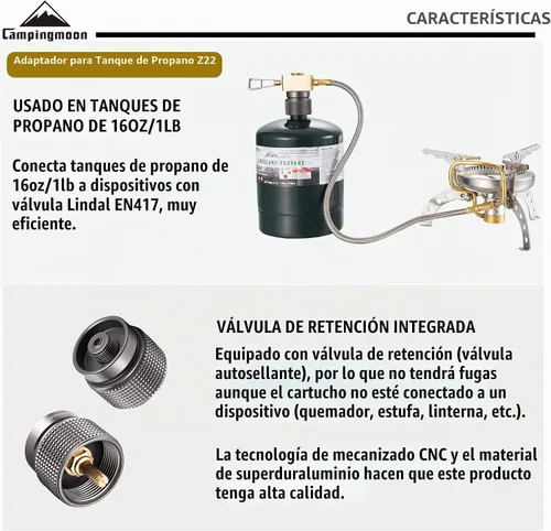 Vista 4 de CAMPINGMOON Adaptador de estufa de gas para parrilla de camping de adaptador de propano de 1 libra y adaptador de recipiente de butano Z11+Z22