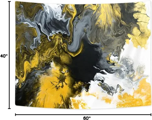 Vista 3 de Bzhilja Tapiz de mármol, arte abstracto de pared negro y dorado, tapiz vintage blanco, gris, amarillo, tapiz para colgar en la pared, psicodélico