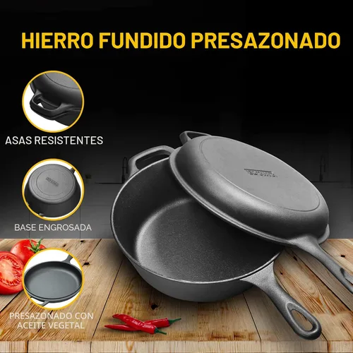 Vista 4 de EDGING CASTING Olla de hierro fundido pre-curada de 2 en 1 con tapa de sartén, juego de olla holandesa de 10" y olla de 3 cuartos de galón
