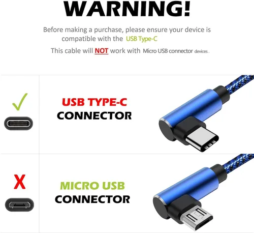 Vista 2 de Cable USB tipo C de ángulo recto extralargo (paquete de 2 unidades de 10 pies), cargador rápido USB A a USB C, cable trenzado de nailon para Samsung