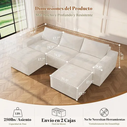 Vista 2 de Vesgantti Sofá modular sin hueso de 114 pulgadas, moderno sofá de 5 plazas en forma de U con 2 otomanas y asientos profundos, sofás de nube