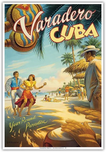 Vista 10 de Varadero Cuba - Paraíso para todo el año - Bailarines cubanos nativos con maracas - Póster de viaje vintage por Kerne Erickson - Impresión artística