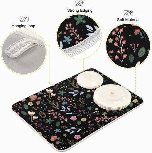 Vista 4 de Tapete de secado de platos de flores de fondo negro para encimera de cocina de 18 x 24 pulgadas, tapete de microfibra absorbente, tapete de secado