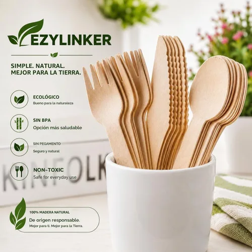 Vista 3 de Juego de cubiertos compostables de edición especial (150 piezas) – Juego de cubiertos de madera desechables – Alternativa al plástico, ecológico