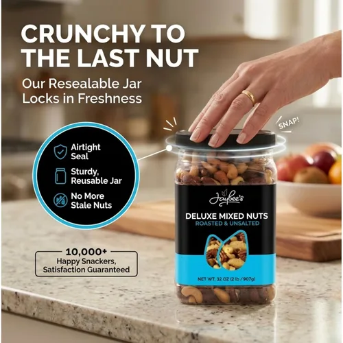 Vista 4 de Jaybee's Nueces mixtas sin sal 32 onzas Mezcla de nueces gourmet tostadas de lujo con anacardos, almendras, nueces, avellanas, nueces de Brasil