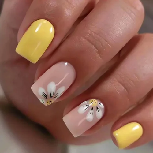 Vista 7 de RikView Uñas francesas con punta francesa, uñas cuadradas a presión con diseño de mariposa, acabado brillante, 24