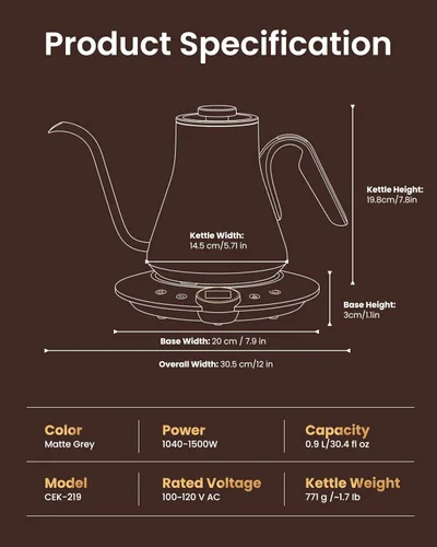 Vista 2 de INTASTING - Hervidor eléctrico de cuello de cisne con control de temperatura de ± 1 ℉, 0.9 litros Gris mate