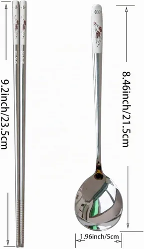 Vista 7 de Juego de palillos y cucharas reutilizables, juego de cuchara y palillos coreanos de acero inoxidable de mango largo, palitos de metal aptos