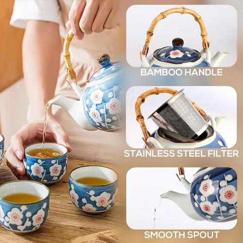 Vista 5 de Juego de té japonés, juegos de té de porcelana de estilo japonés para adultos, 1 tetera de cerámica con asa, 1 filtro de té de acero inoxidable y 4