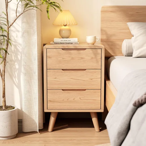 Vista 14 de Mesita de noche alta natural con 3 cajones, mesita de noche moderna de mediados de siglo con almacenamiento, mesita de noche de madera maciza