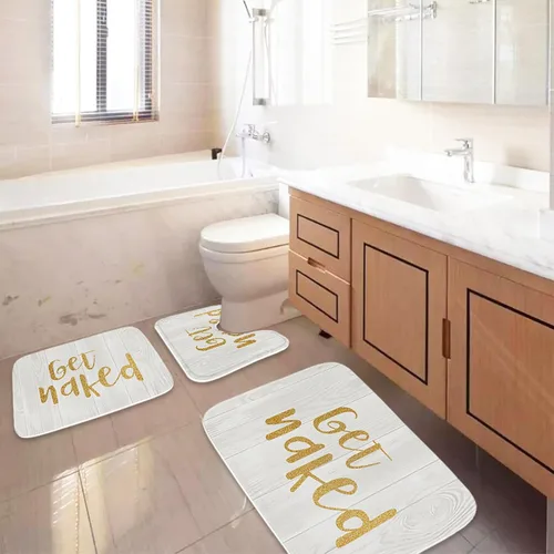 Vista 4 de Gold Get Naked - Juego de alfombras y tapetes de baño de tela dorada y blanca, 3 piezas de espuma viscoelástica, tapete de baño de terciopelo