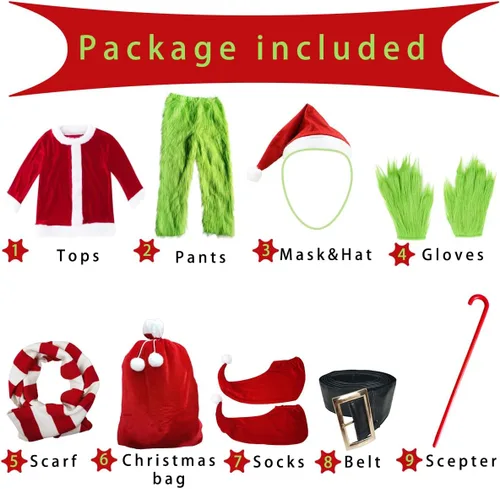 Vista 2 de Christmas Santa Claus Costume Green Furry Monster Suits Outfit Santa Coat Cosplay Mask Halloween Christmas Costumes for Men