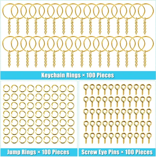 Vista 3 de PAXCOO - Kit de anillos para manualidades dorados, incluye 100 llaveros divididos con cadena, 100 anillos de salto y 100 pines de ojo de tornillo