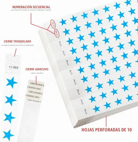 Vista 2 de 500 pulseras Tyvek de estrellas azules Wristco para eventos, a prueba de manipulaciones