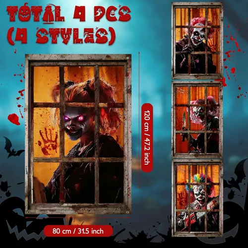 Vista 4 de SmoothNovelty 4 Pack Halloween Window Decorations Halloween Clown Curtain Scary Window Silhouettes Cover, Horror Clown with Blood for Garage Door