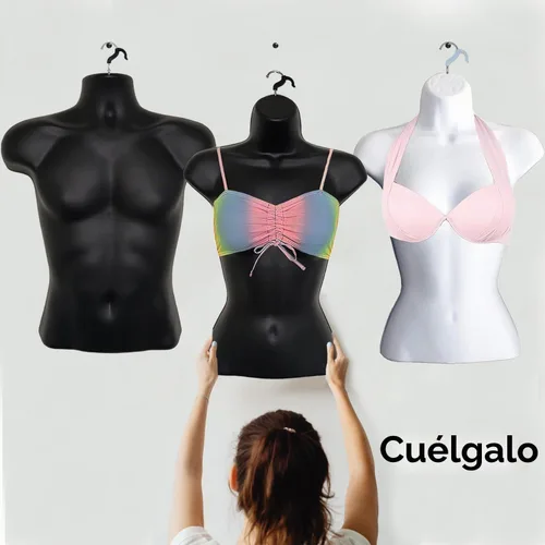 Vista 3 de Maniquí de torso masculino y femenino con soporte de metal, cuerpo con respaldo hueco, apilable, forma de vestido para exhibición de camisetas Negro
