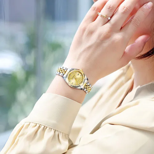 Vista 2 de Reloj clásico para mujer con banda de acero inoxidable sólido, reloj de vestir para mujer, reloj con calendario