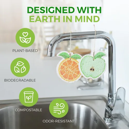 Vista 5 de AIRNEX Esponjas comprimidas de celulosa biodegradable a granel – Paquete de 8 unidades de cocina en forma de fruta, ecológicas, sin olor, naturales