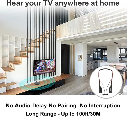 Vista 5 de SIMOLIO Auriculares inalámbricos duales para ver televisión con transmisor/soporte de carga 2 en 1, batería de repuesto y modo de diálogo y control