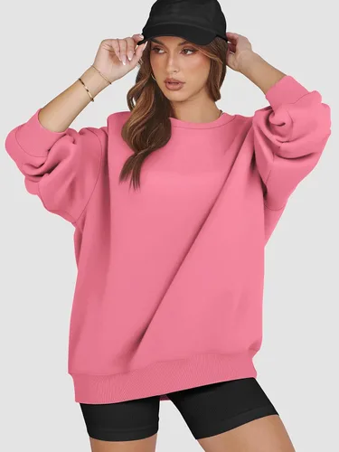 Vista 5 de ATHMILE Sudadera de gran tamaño para mujer, cuello redondo, forro polar, manga larga, sudaderas con capucha, tops de otoño, ropa de moda 2024