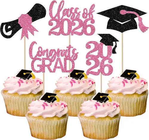Vista 41 de Paquete de 24 adornos para cupcakes de clase de 2026 con purpurina 2026 para diploma de graduación 2026, selecciones para cupcakes para graduación