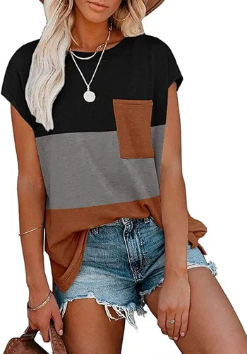 Vista 2 de NANYUAYA - Blusas de verano para mujer camisetas básicas holgadas de manga corta lisas de estilo informal y con bolsillo