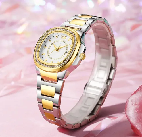 Vista 6 de Relojes de mujer Moda Cuadrado Dial Acero Inoxidable Impermeable Fecha Diamante Damas Vestido Relojes de Pulsera