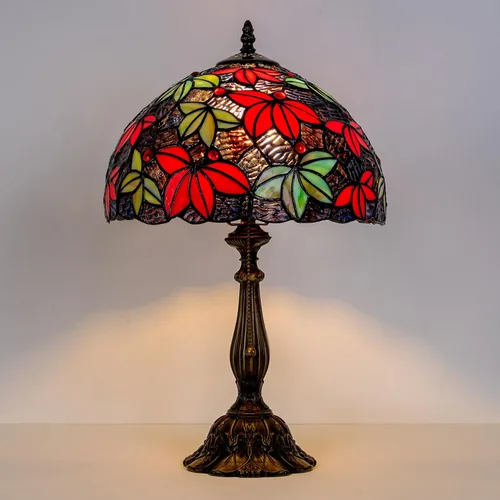 Vista 14 de Tiffany Style Stained Glass Table Lamp, Floral Pattern Desk Light with Antique Bronze Resin Base, Red Roses Decorative Lighting for Bedroom, Living
