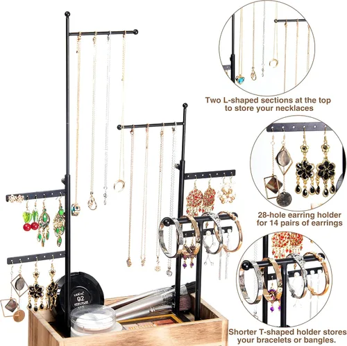 Vista 3 de Lavievert Torre organizadora de joyas con cajón de madera de doble capa caja de almacenamiento de 7 niveles soporte para joyas para collares