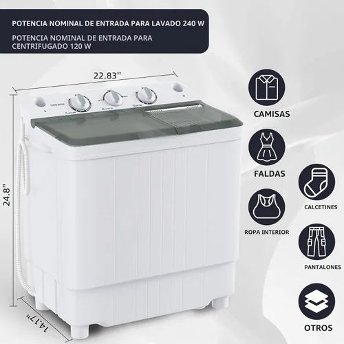 Vista 2 de Elevon Lavadora Portátil de Doble Tina de 9.9 Libras de Capacidad, (7.7 Libras) y Centrifugadora (2.2 Libras) Combo Mini Lavadora Compacta