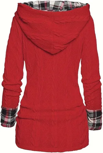Vista 8 de Plaid Splicing Button Decor Cable Hoodie, Womens Hoodies Long Sleeve Hooded Shirts Casual Pullover Sweatshirts