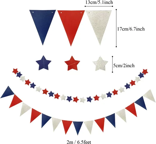 Vista 5 de ZERODECO Suministros de fiesta de Estados Unidos, juego de abanicos de papel azul marino y rojo, con pompones de estrella, remolinos colgantes