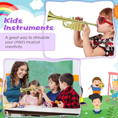 Vista 6 de Treela Juego de 4 instrumentos musicales para niños, clarinete de juguete saxofón, trompeta y trompeta para principiantes con más de 10 teclas