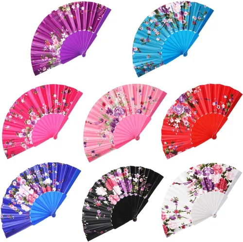 Vista 7 de BABEYOND - Abanicos de mano plegables florales, abanicos vintage de encaje, con patrones de flores de ciruela, abanicos de tela para bodas, bailes