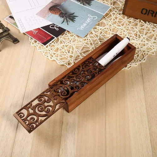 Vista 3 de Joyzan - Caja de madera para bolígrafos, estuche de almacenamiento de lápices de madera, organizador retro Cubierta extraíble Rectangular