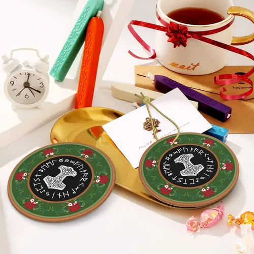 Vista 6 de Vikings Mjolnir y rueda de runa símbolo de mitología nórdica adornos de Navidad, adornos de cerámica, adorno redondo de porcelana, árbol de Navidad