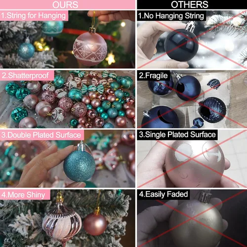 Vista 2 de PIIDUOO 97 piezas de bolas de Navidad para árbol de Navidad - Adornos inastillables pequeños para árbol de Navidad, juego de bolas rosa y turquesa
