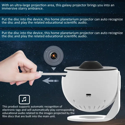 Vista 9 de Proyector de estrellas, proyector de planetario mejorado para dormitorio, proyector educativo de galaxia de audio con 13 discos Galaxy reemplazables