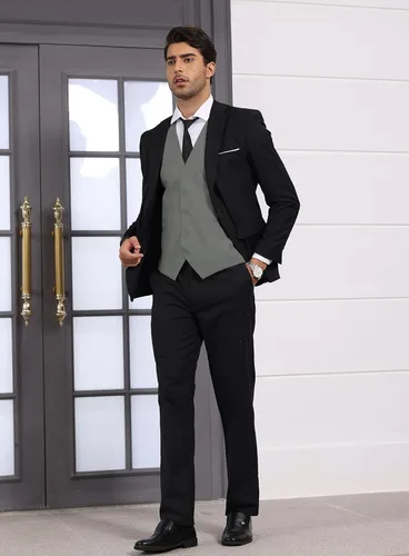 Vista 4 de Chaleco formal de negocios para hombre, chaleco ajustado con cuello en V, traje de esmoquin Gris
