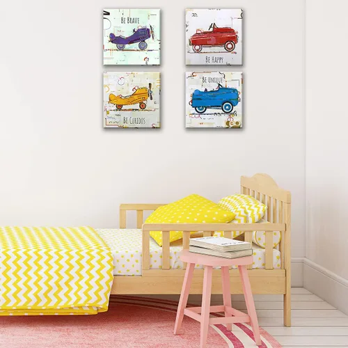 Vista 3 de Oreichar Art Arte de pared para niños, citas inspiradoras, lienzo impreso con dibujos animados, cuadro colorido de avión de automóvil