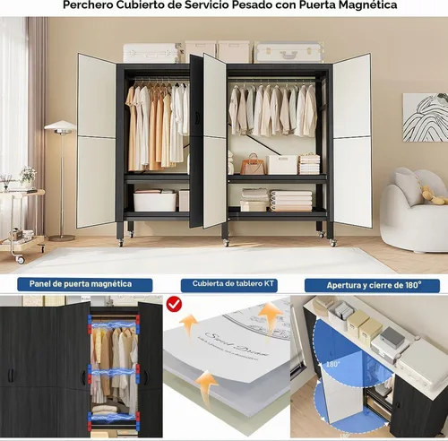 Vista 5 de Perchero cubierto resistente con puerta magnética, plegable, portátil, para colgar ropa, perchero de metal negro con ruedas (negro, 49.12 pulgadas)